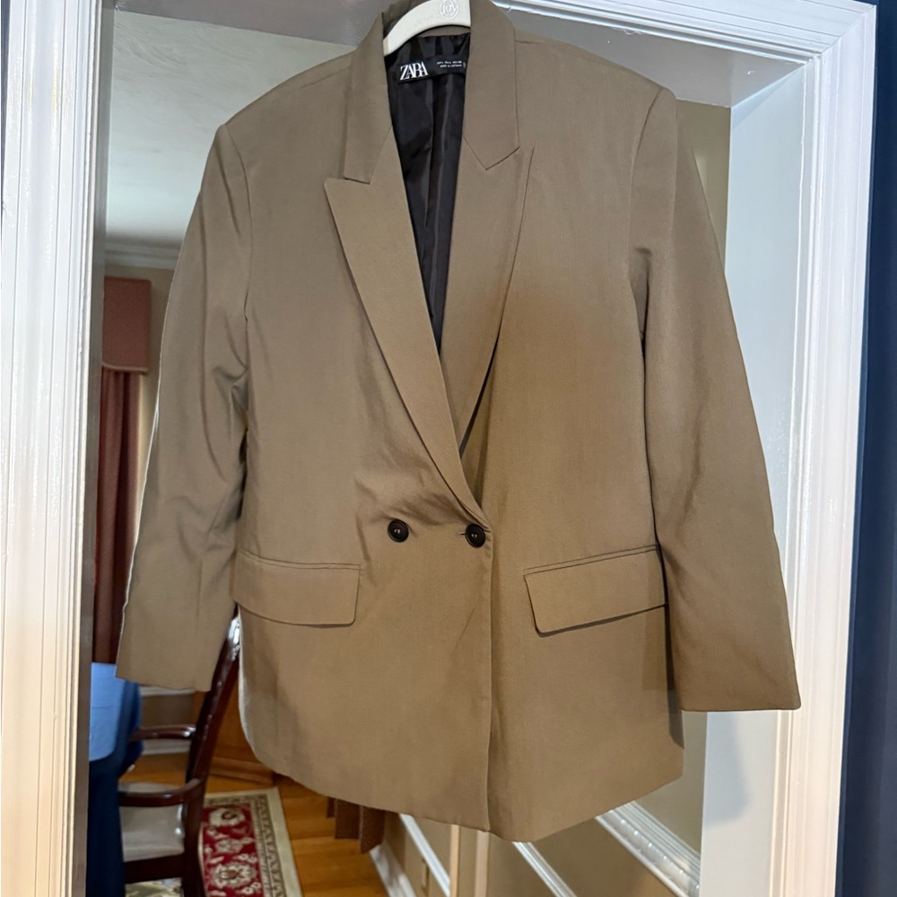 Zara Taupe Double-Breasted Suit Jacket